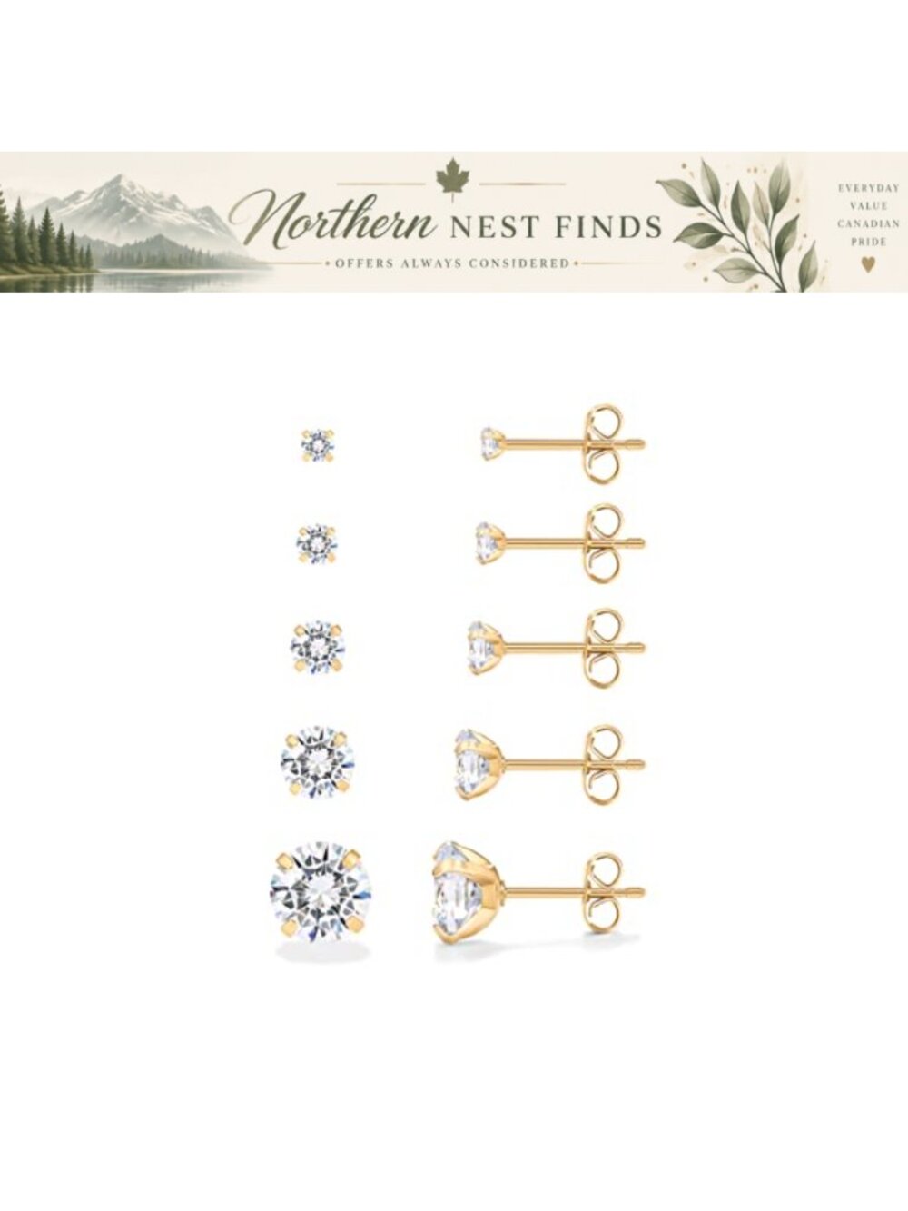 Set of 5 CZ Stud Earrings 14K Gold Plated Waterproof for Women